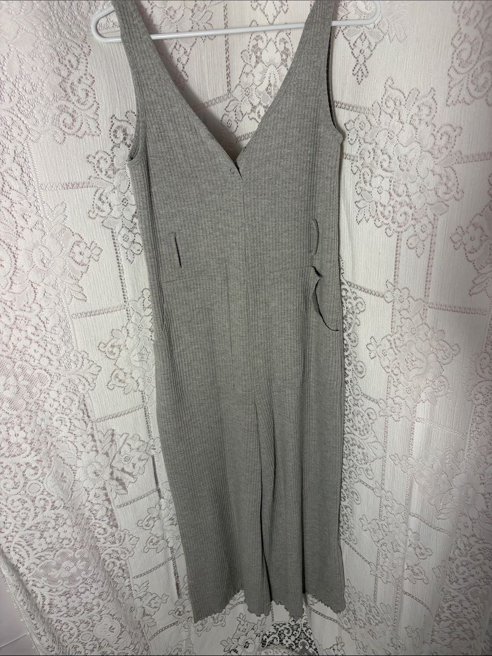 Cost Plus World Market Gray Ribbed Knit V-Neck Jumpsuit